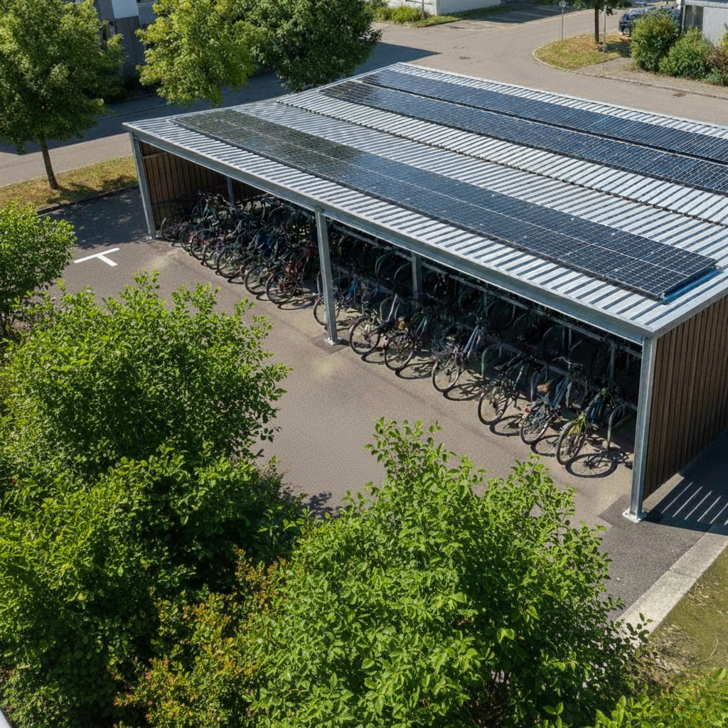 Schéma de fonctionnement d'un abri vélo solaire avec panneaux, batterie et recharge VAE