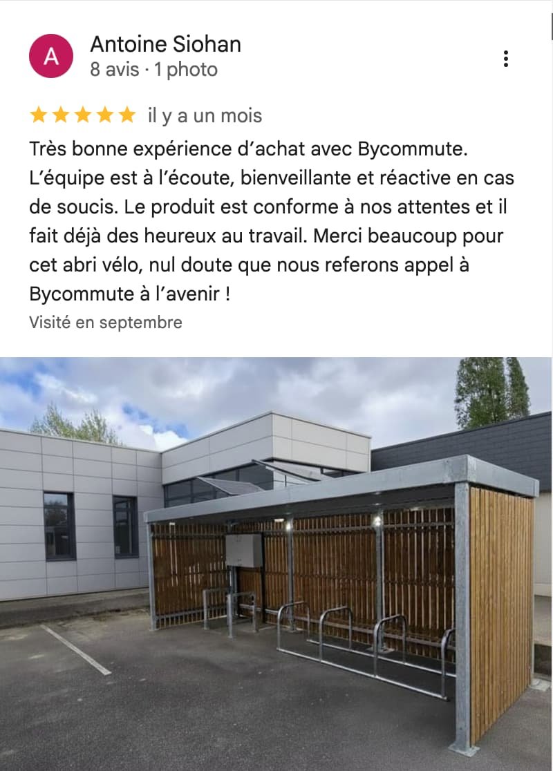 Avis Google ByCommute illustré par un abri vélos installé sur un parking d'entreprise.