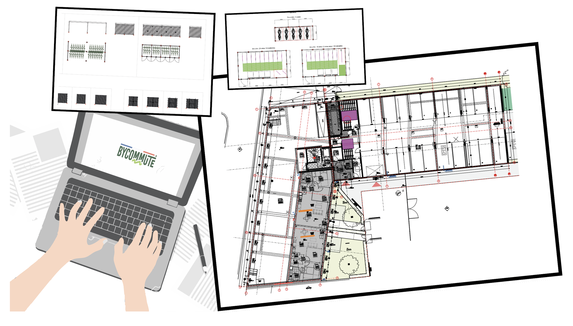 Plan architecte annoté avec implantation de stationnement vélo ByCommute