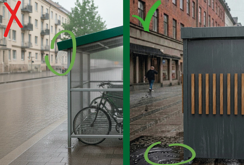 Évacuation d'eau intégrée dans les poteaux de l'abri vélos Cyclage fermé