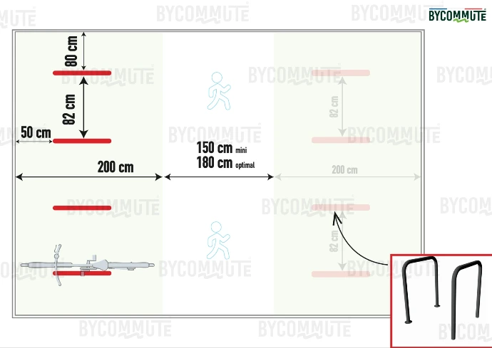 Implantation d’arceaux vélo en bataille - entraxe 82 cm