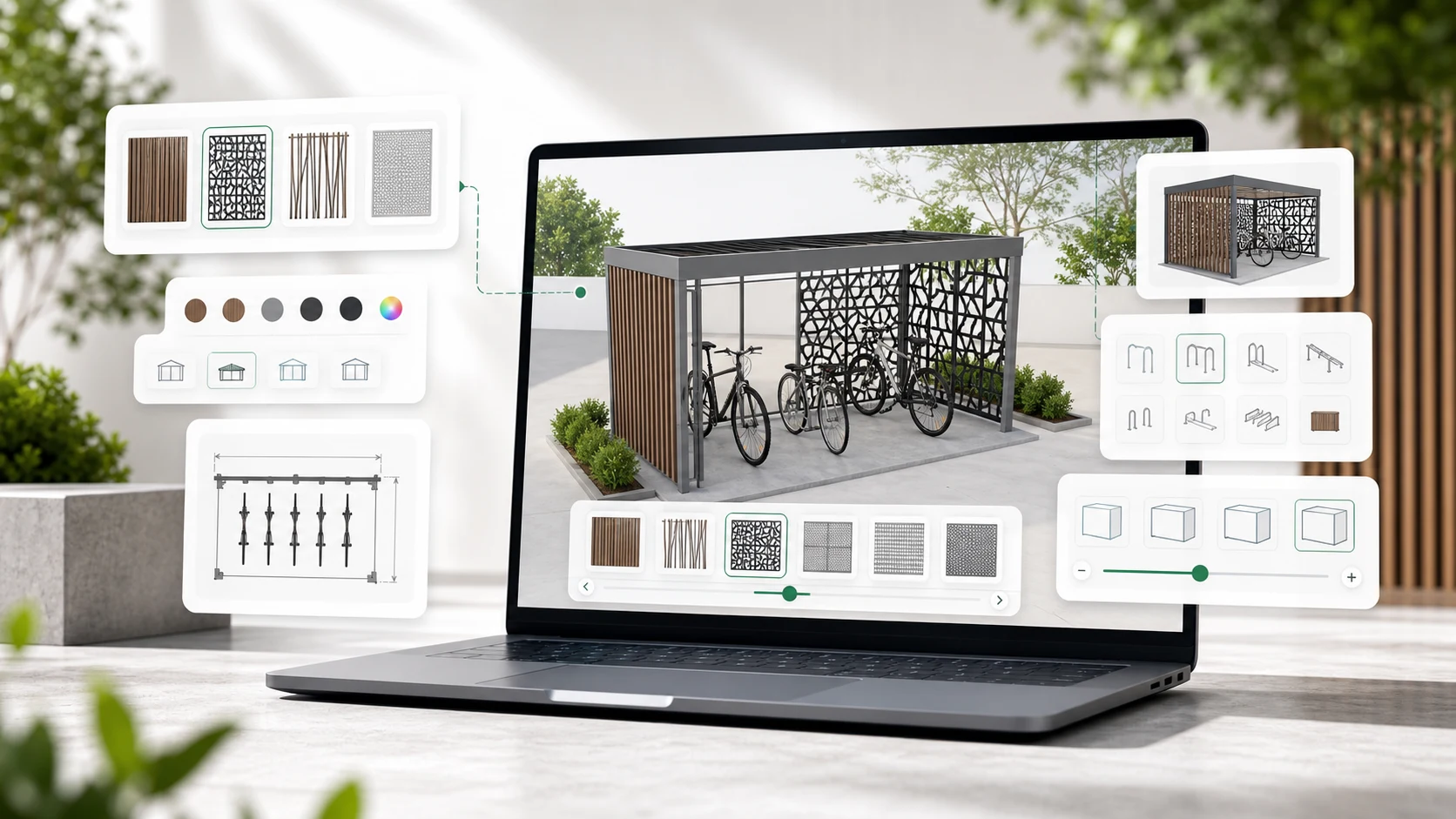 Configurateur 3D ByCommute montrant les dimensions, parois et équipements d’un abri vélo
