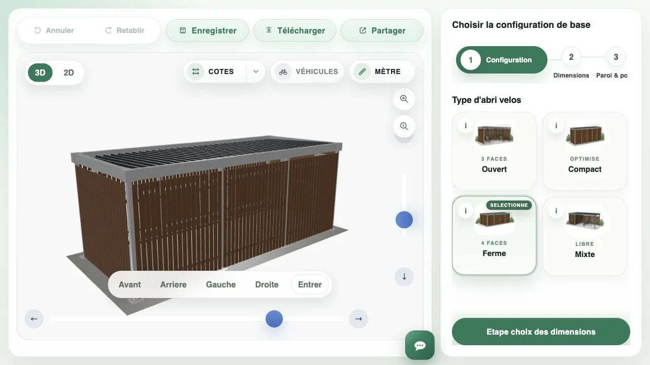 Interface du configurateur ByCommute avec un abri vélo fermé en rendu 3D