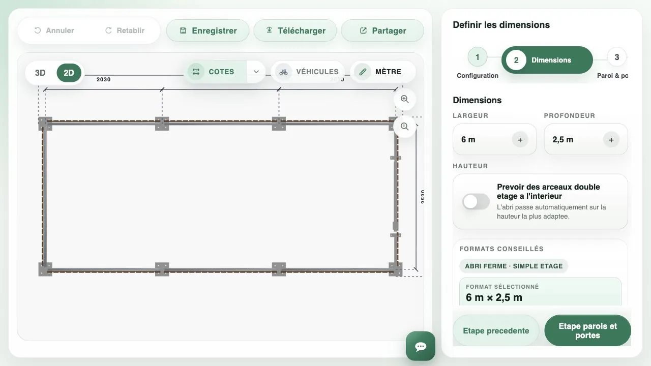 Vue 2D cotée du configurateur abri vélo avec largeur et profondeur réglables