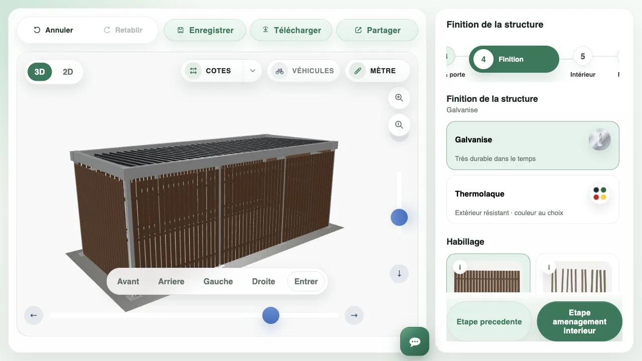 Étape finition du configurateur avec galvanisation, thermolaquage et habillage