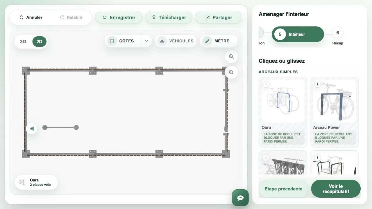 Aménagement intérieur du configurateur avec arceaux vélo sur plan 2D