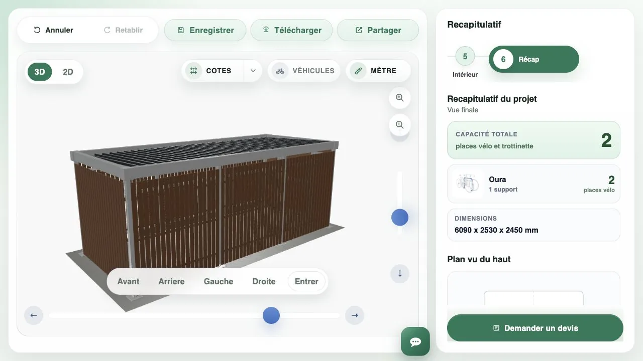 Récapitulatif du configurateur avec capacité totale, dimensions et demande de devis