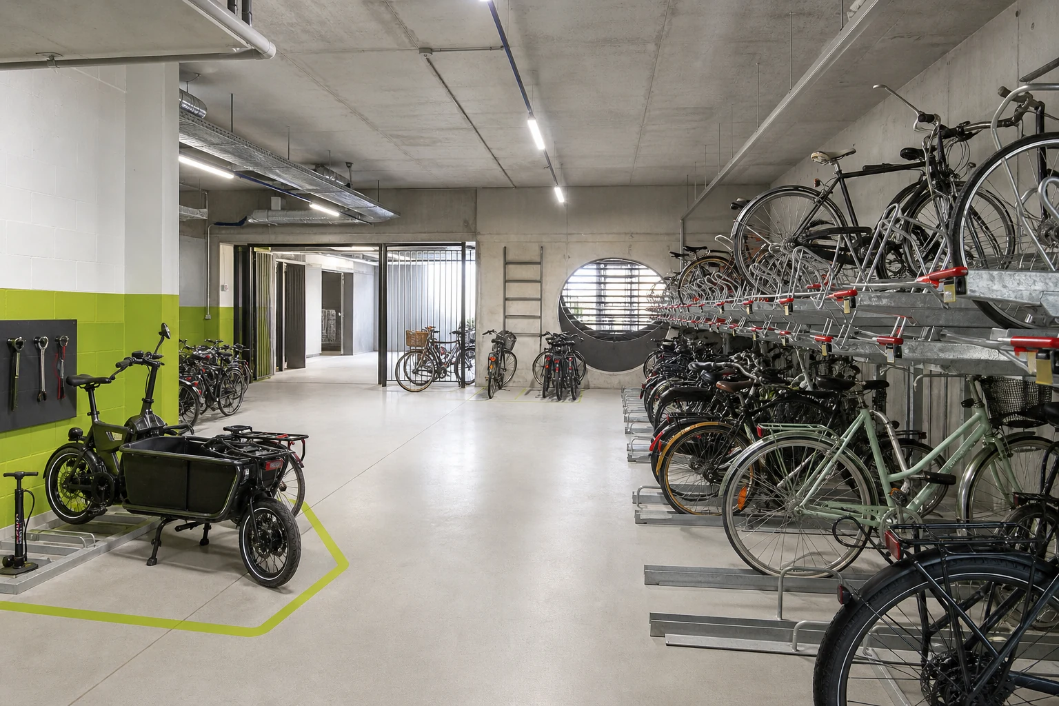 Projection d’un parking vélo intérieur avec racks vélos double étage, allée de circulation et emplacement cargo