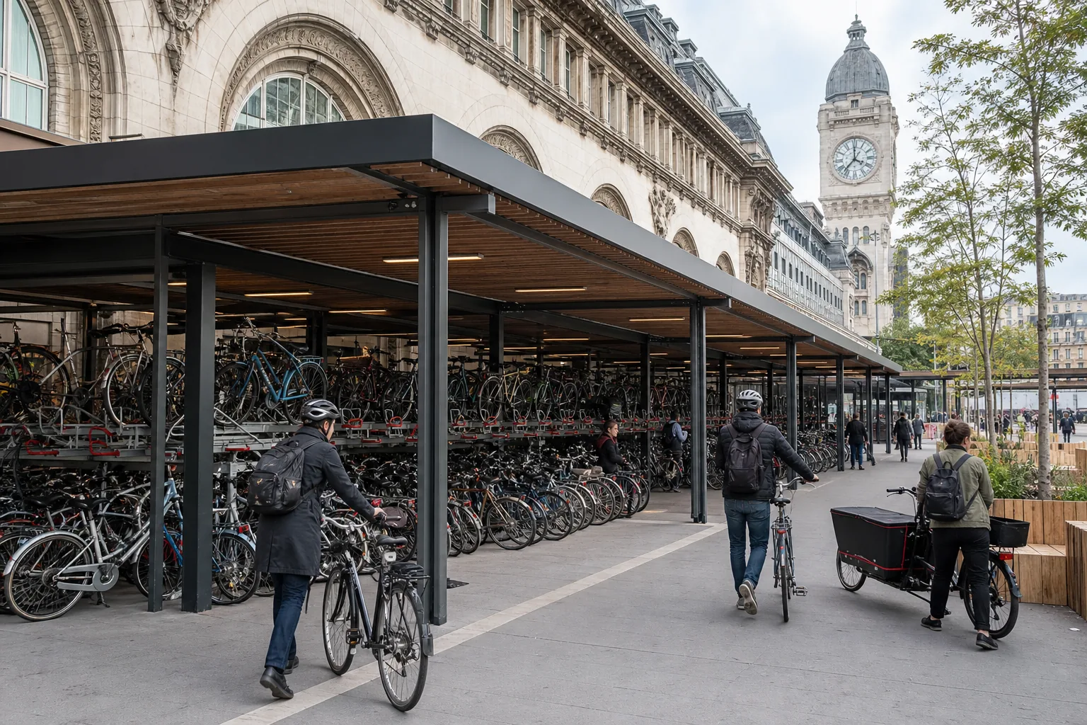 Projection illustrative d’un grand parking vélo couvert près de Paris Gare de Lyon