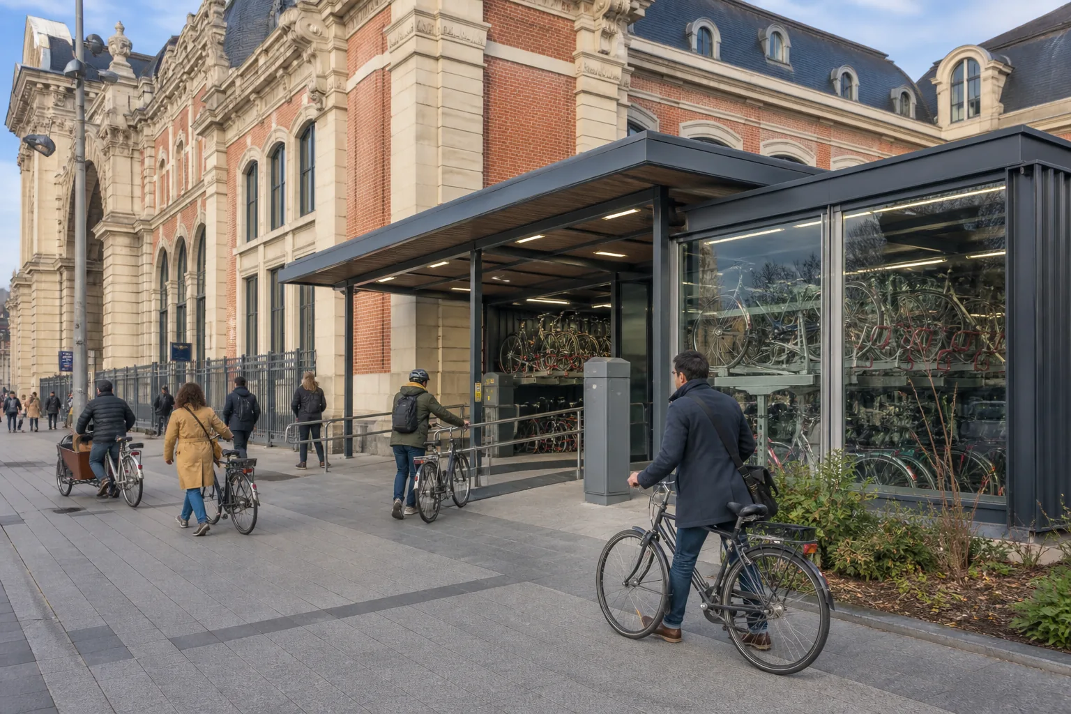 Projection illustrative d’une entrée de grande vélo station près d’une gare toulousaine