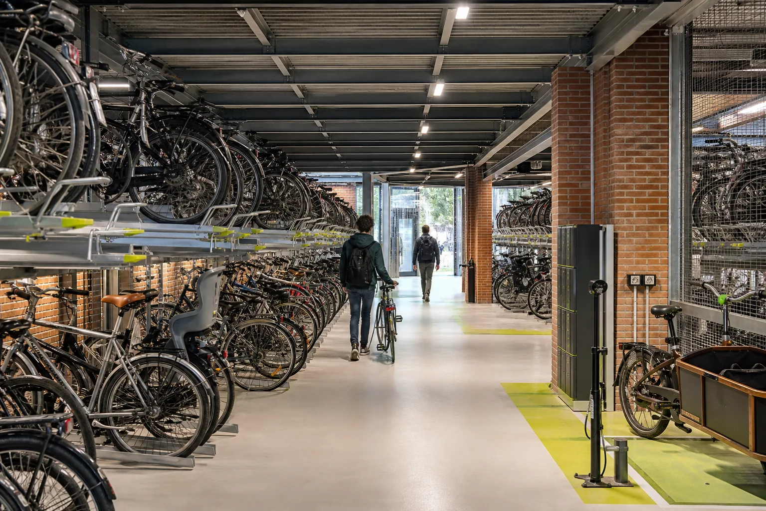 Projection d’une grande vélo station avec racks double étage, zone cargo et services