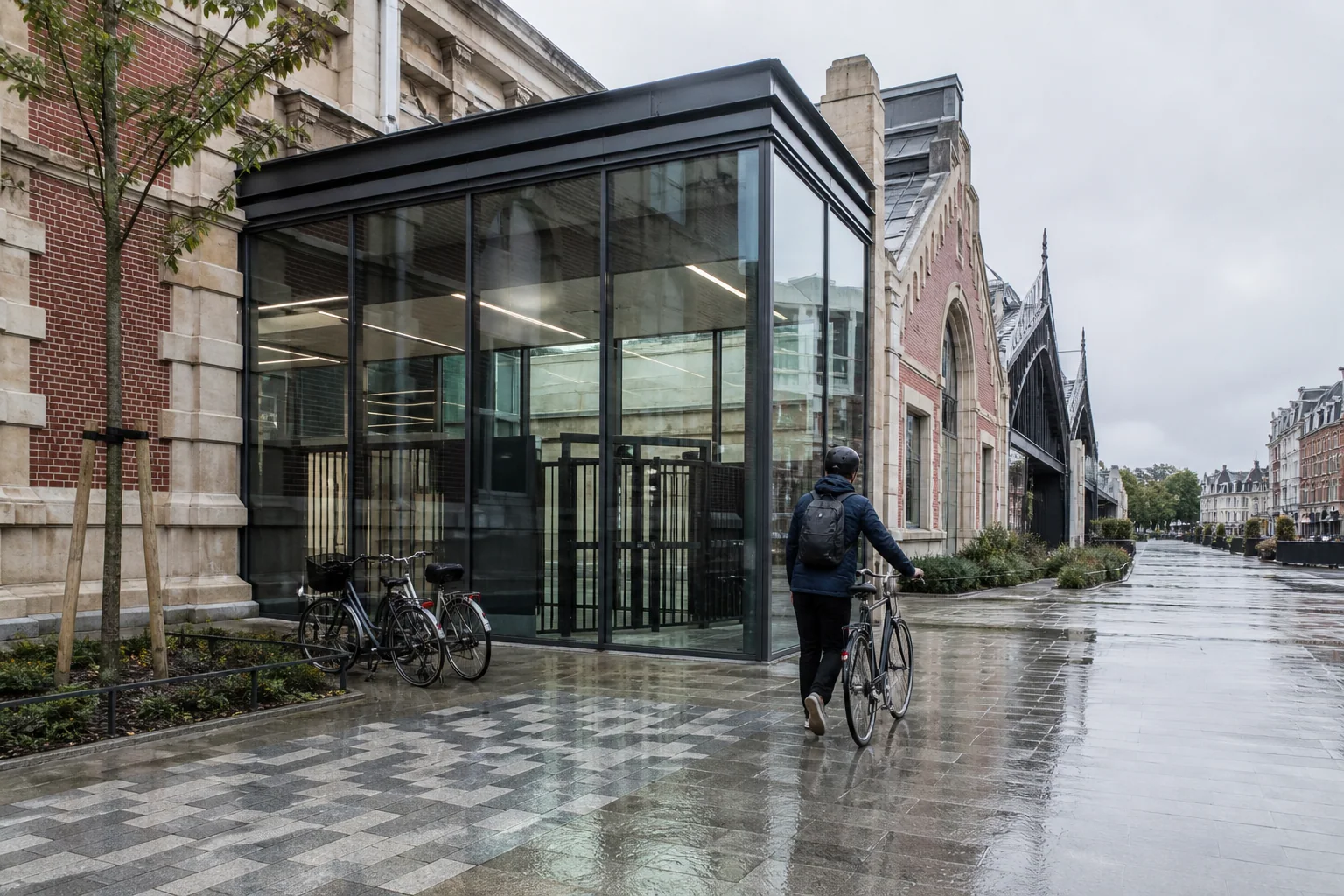 Projection illustrative de l’entrée d’une grande vélostation près de Lille-Flandres