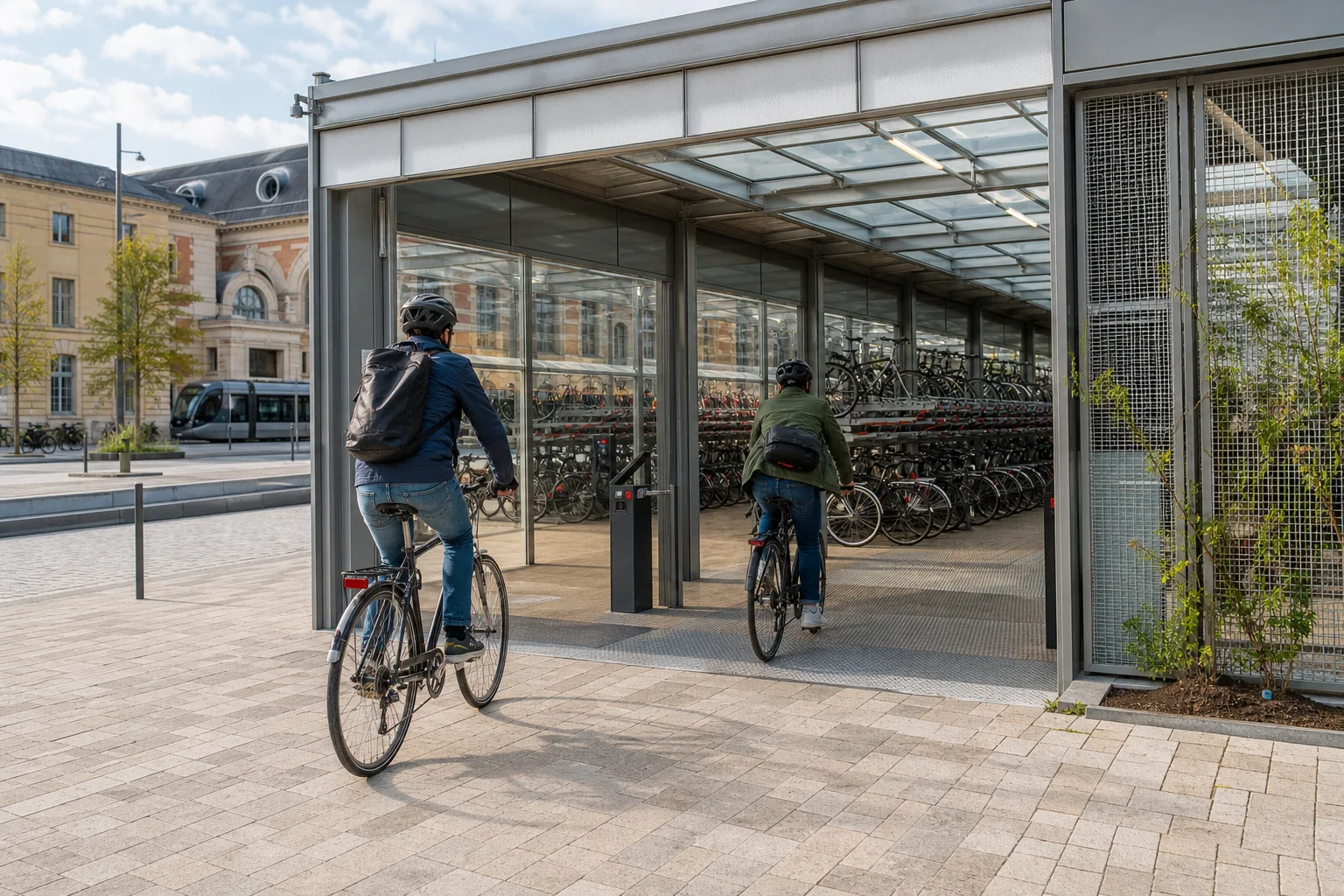 Projection illustrative de l’entrée d’un grand parking vélo près de Bordeaux-Saint-Jean