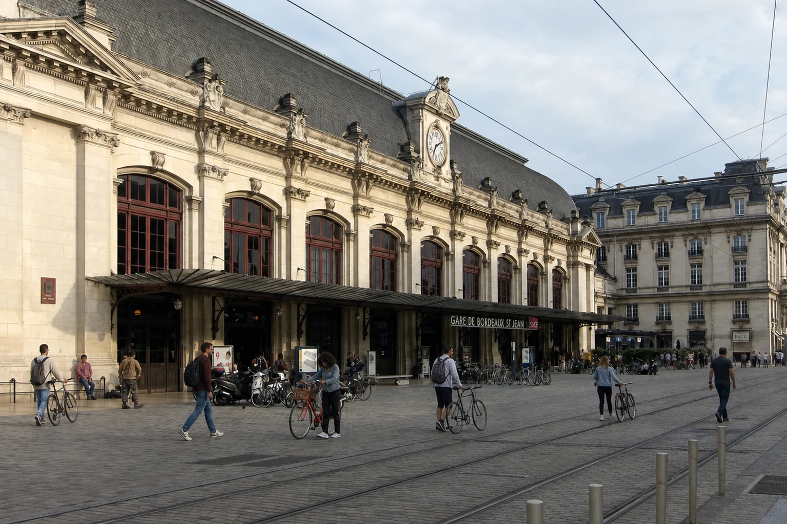Autre cadrage de Bordeaux-Saint-Jean avec des voyageurs à vélo sur le parvis réel