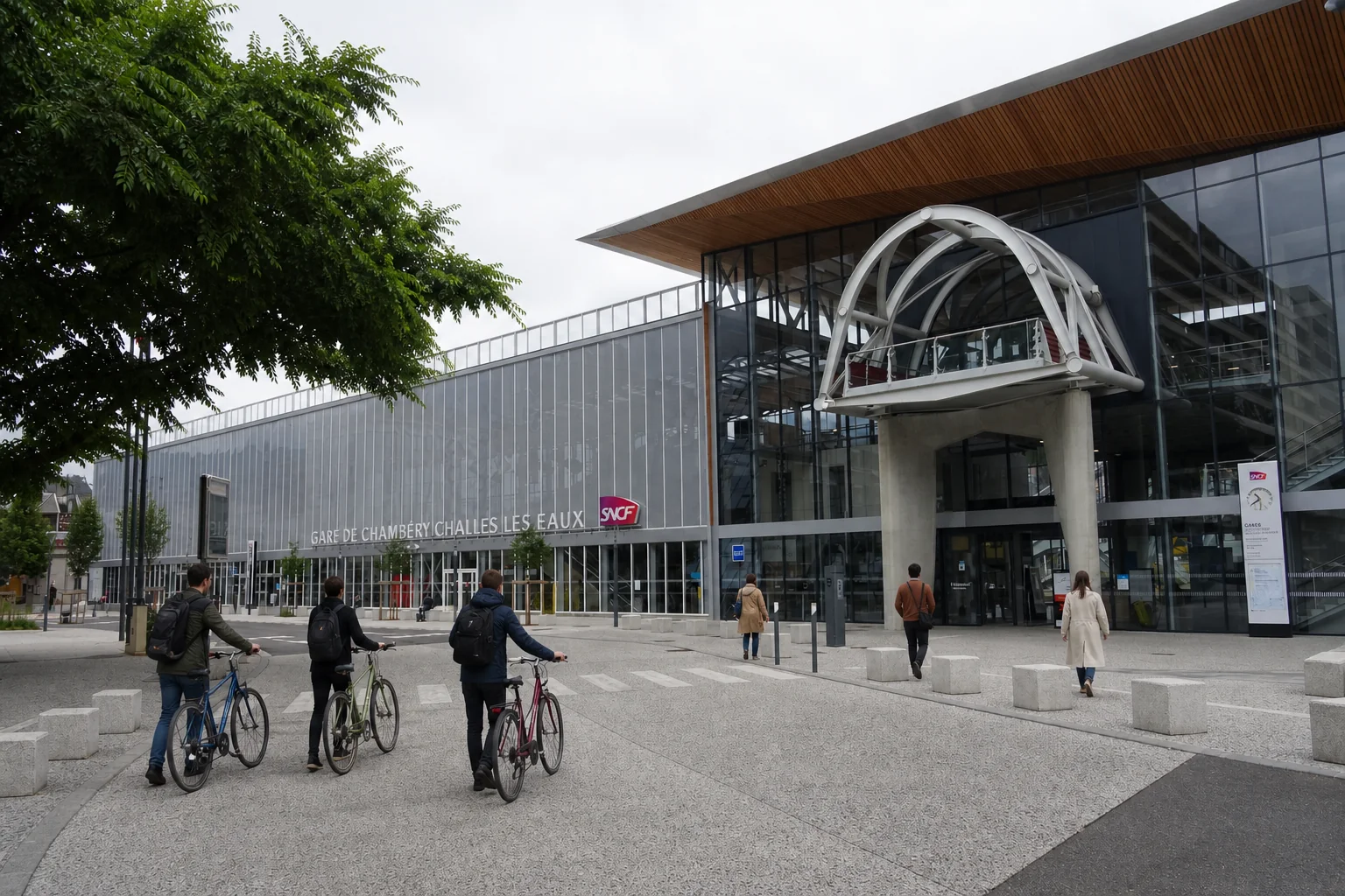 Façade réelle de la gare de Chambéry-Challes-les-Eaux retouchée avec de nouveaux voyageurs à vélo