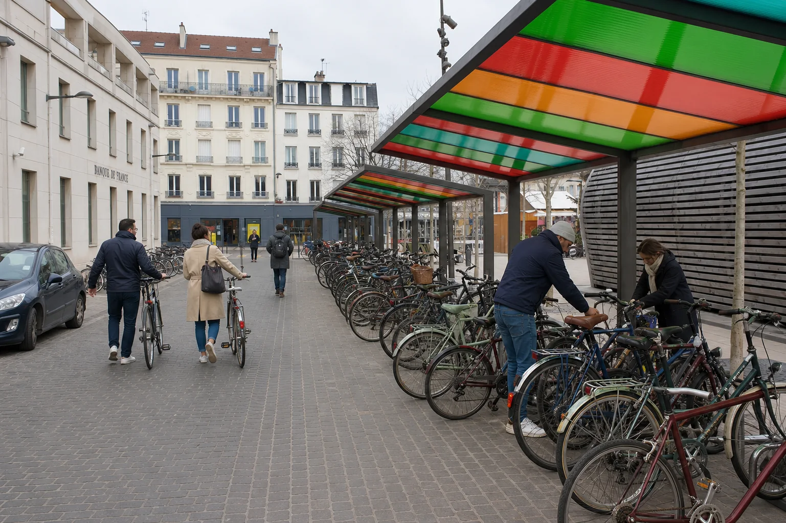 Abri vélos réel avenue Aubert à Vincennes retouché avec de nouveaux cyclistes