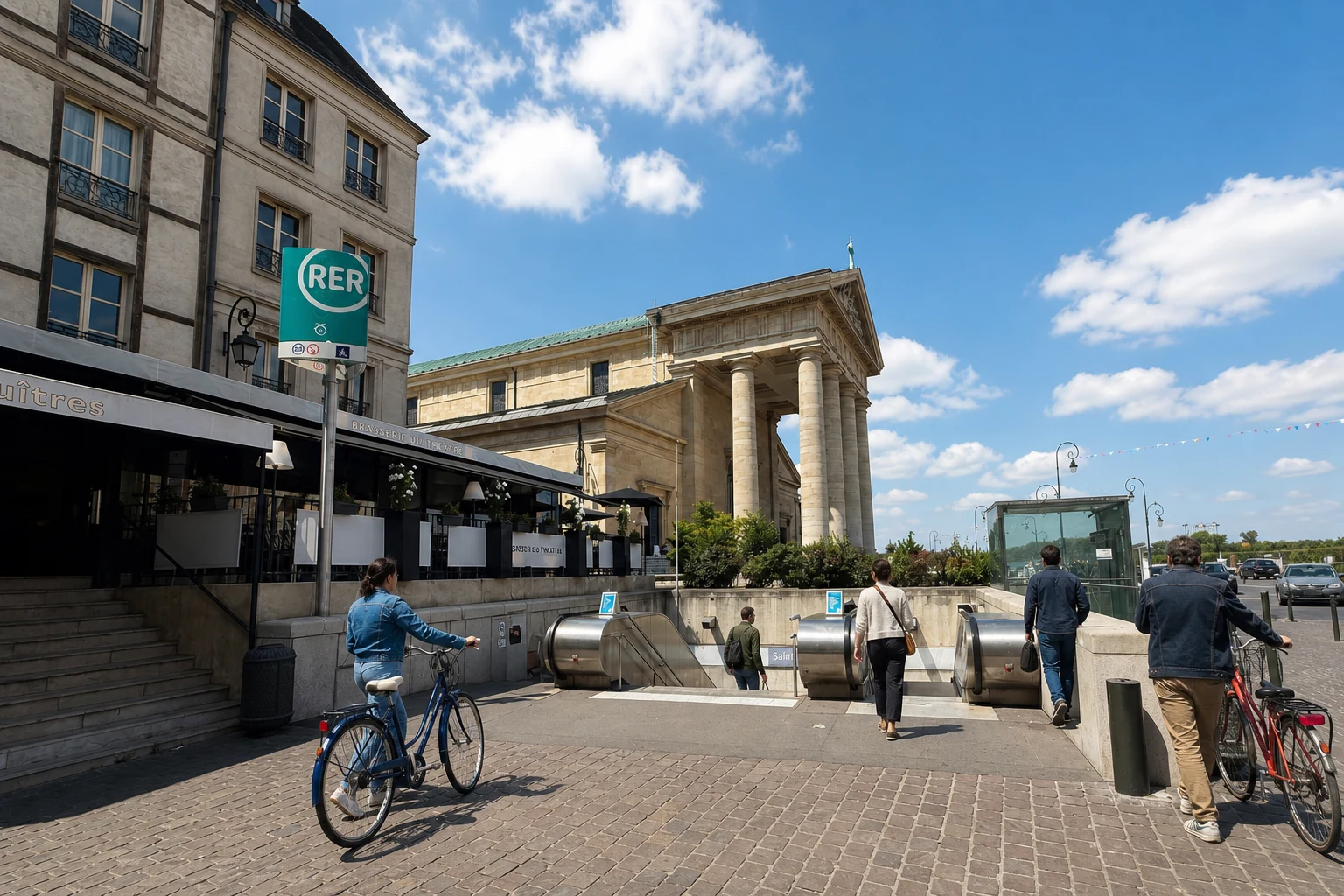 Vraie photographie du contexte de l’accès à la gare de Saint-Germain-en-Laye, retouchée avec de nouveaux cyclistes