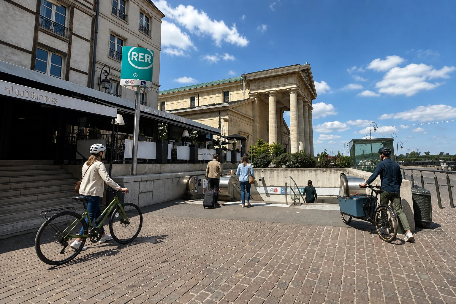 Second cadrage de l’accès réel à la gare de Saint-Germain-en-Laye place Charles-de-Gaulle avec de nouveaux cyclistes