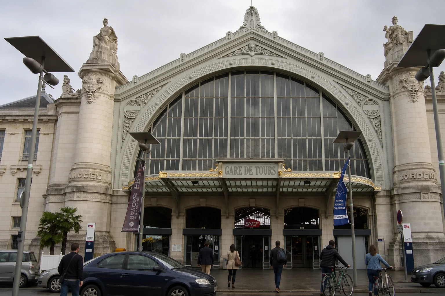 Vue extérieure réelle de la gare de Tours, retouchée avec de nouveaux voyageurs et vélos pour servir de repère