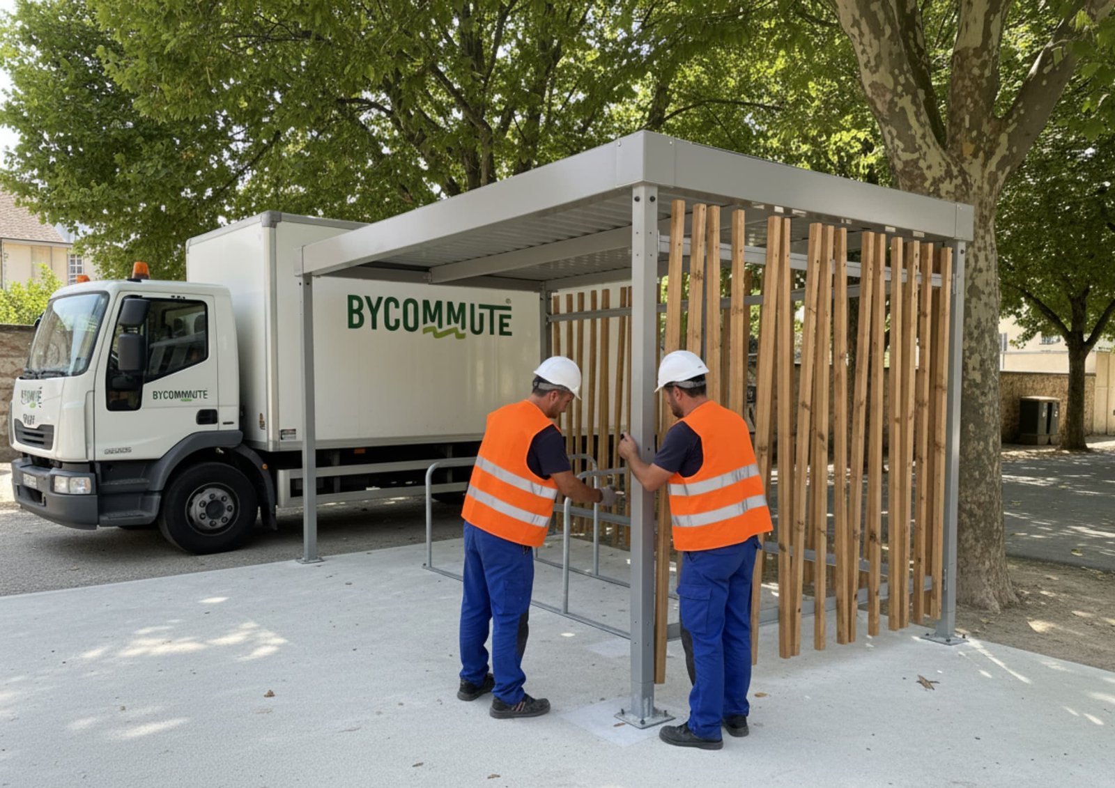 Équipe de pose installant un abri vélo ByCommute avec le camion de livraison sur le chantier