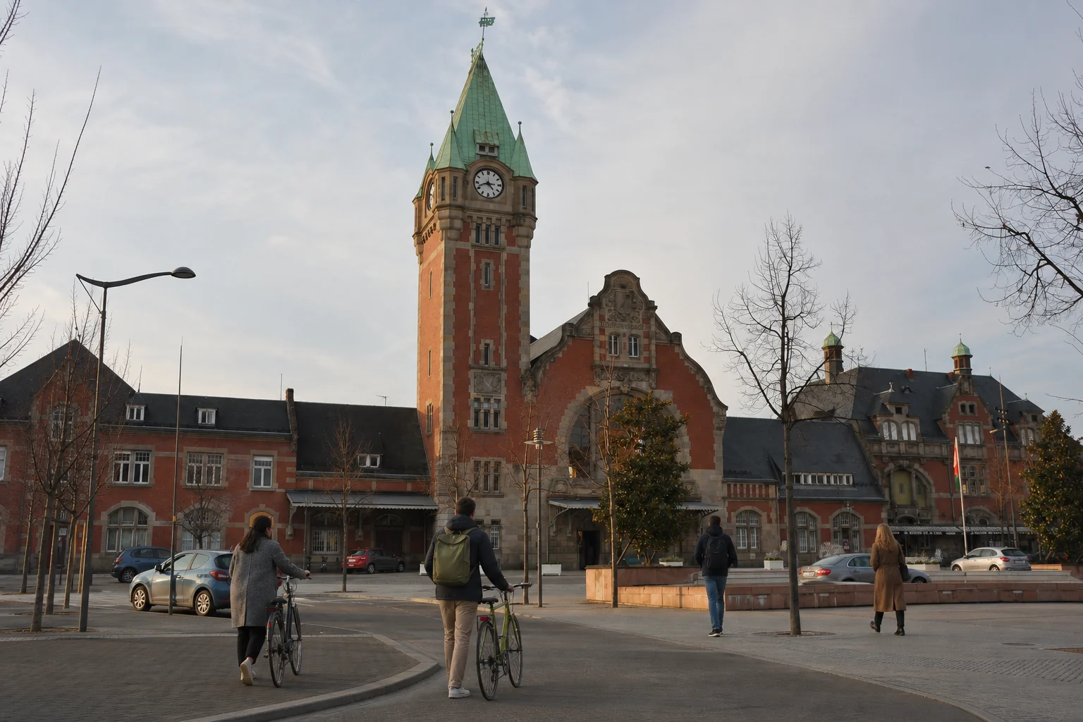 Vue extérieure réelle de la gare de Colmar, retouchée avec des voyageurs et vélos entièrement nouveaux pour servir de repère