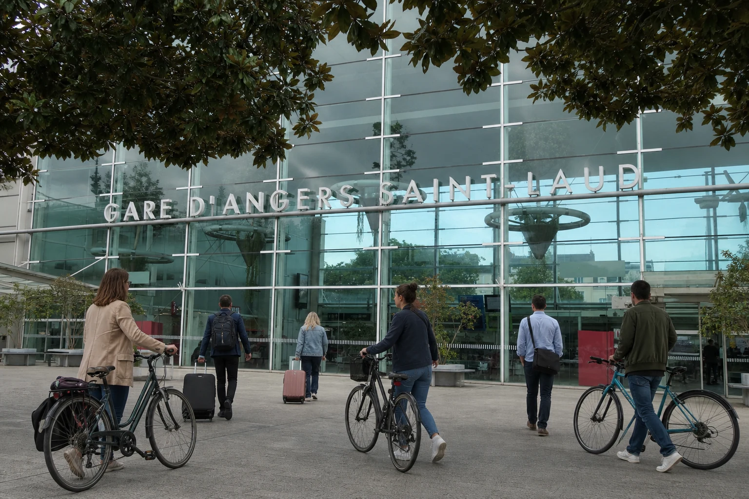 Vue réelle de la gare d’Angers Saint-Laud retouchée avec des voyageurs entièrement nouveaux et des vélos recolorés et déplacés