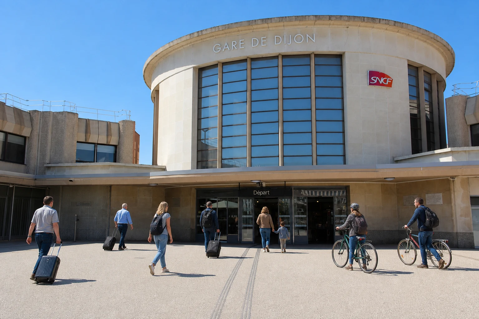 Second cadrage de la vraie gare de Dijon-Ville avec personnes intégralement remplacées et vélos repositionnés