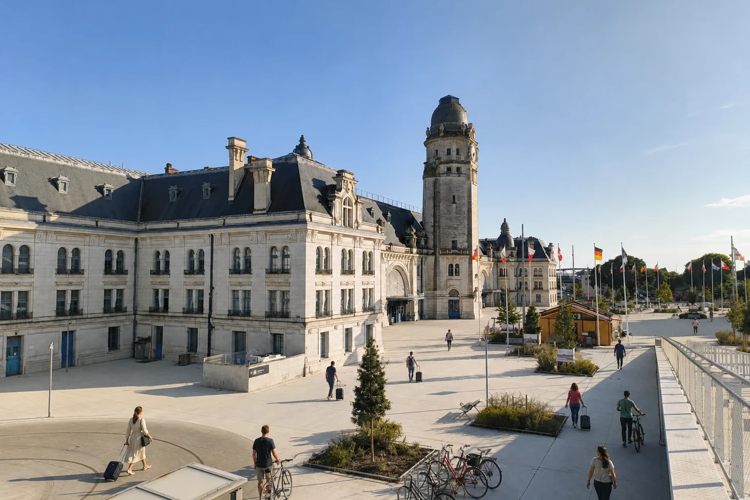 Vue réelle de la gare historique de La Rochelle-Ville retouchée avec des voyageurs entièrement nouveaux et des vélos recolorés et déplacés