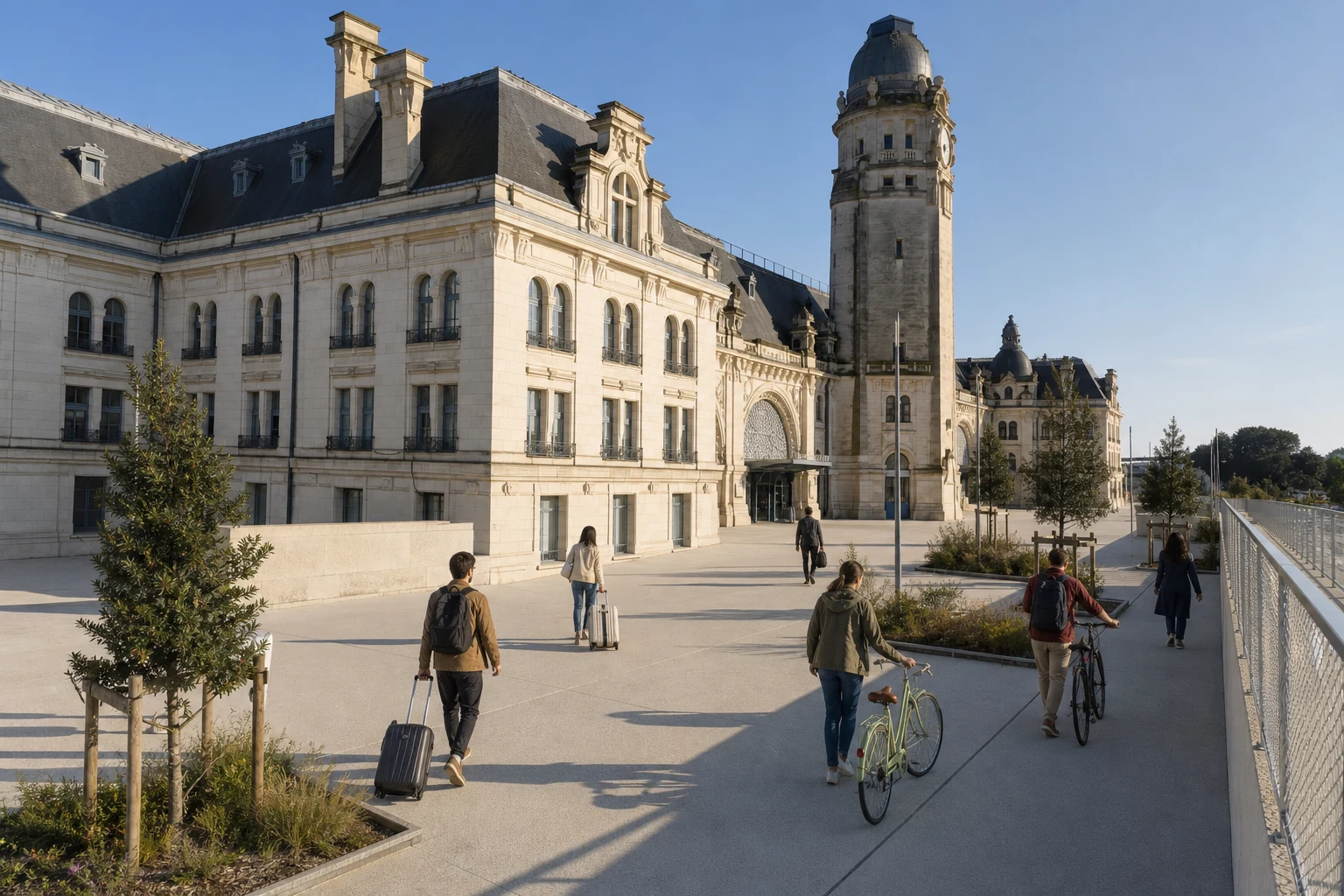 Second cadrage de la vraie gare de La Rochelle-Ville avec personnes intégralement remplacées et vélos repositionnés