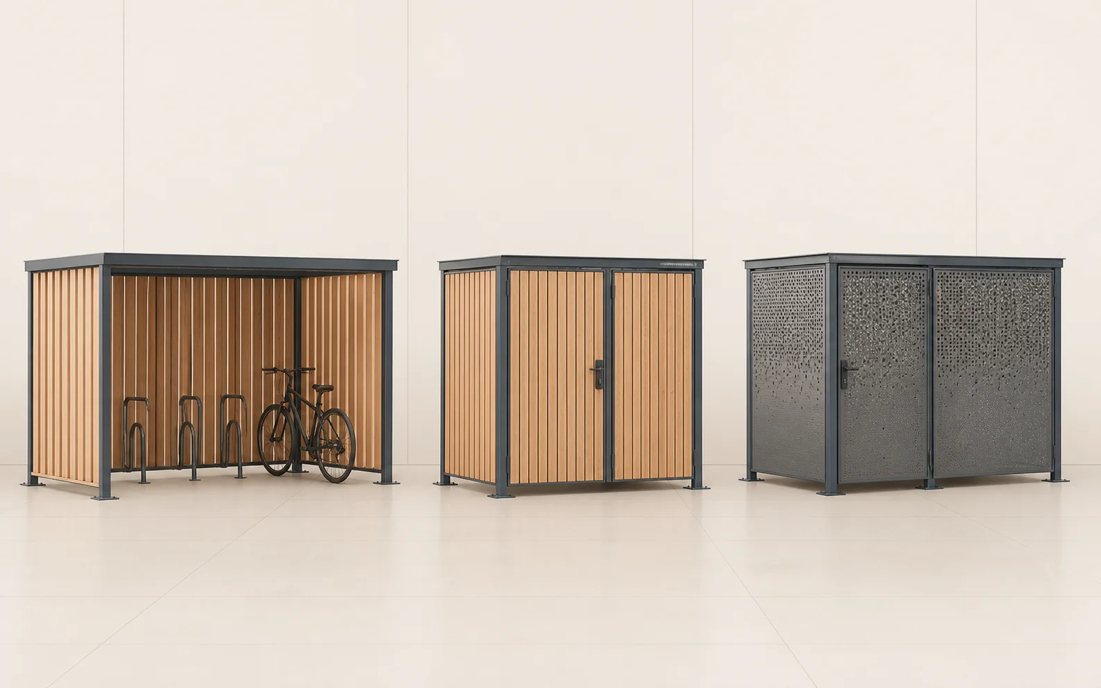 Trois modèles ByCommute : abri ouvert, abri fermé en bois et abri métallique