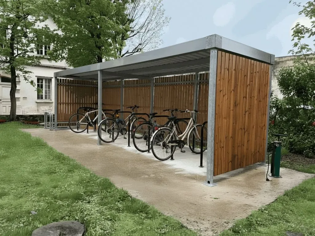 Abri vélo Bosquet en bois avec vélos et station de réparation