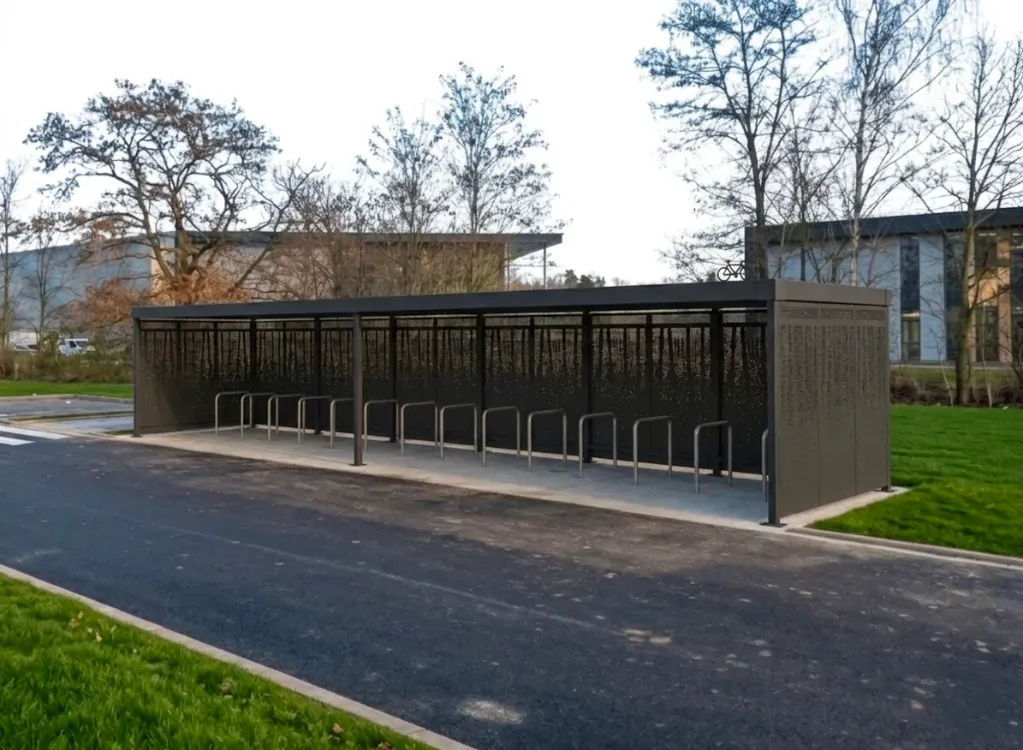 Abri vélos Rachais ouvert avec parois acier ajourées