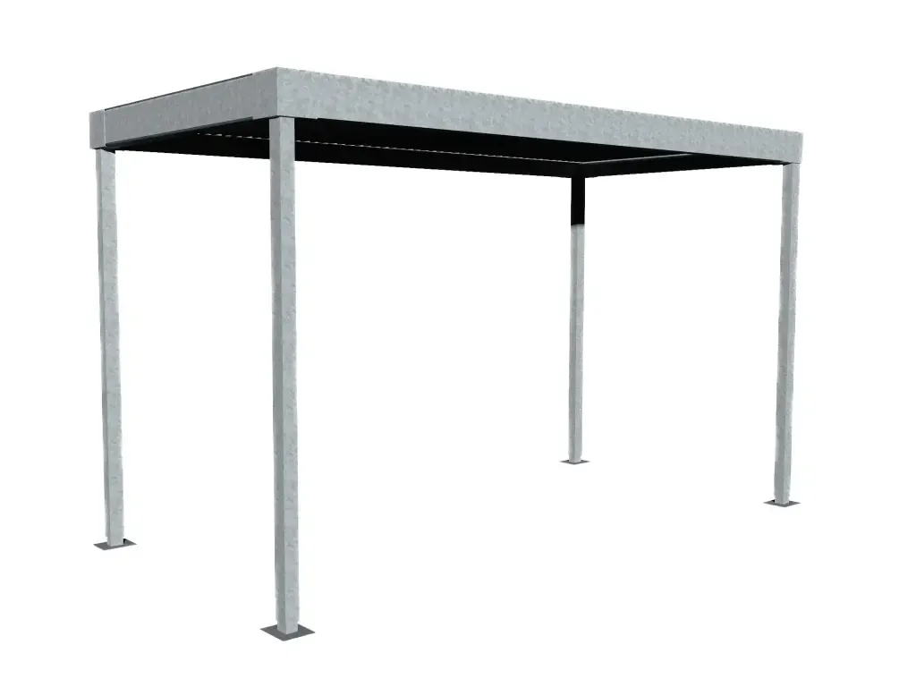 Rendu du carport à vélos sans vélo, avec structure et toiture visibles