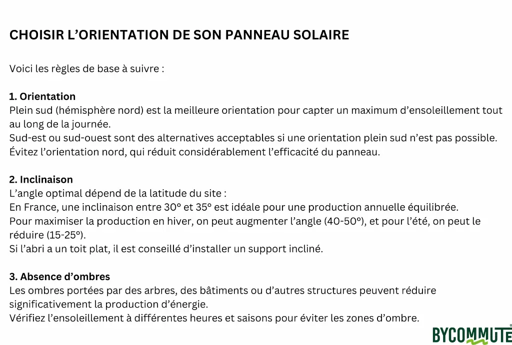 orientation panneau solaire kit recharge vélo électrique optimal